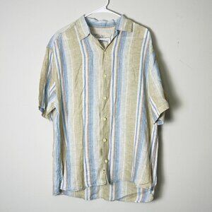 Tommy Bahama Striped Shirt Men's Large Blue Khaki Linen‎ Blend Button Up Beach